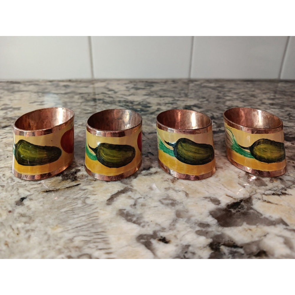 4x Solid Copper Hand Painted Enamel Napkin Rings. 105 Grams Total. Gorgeous!